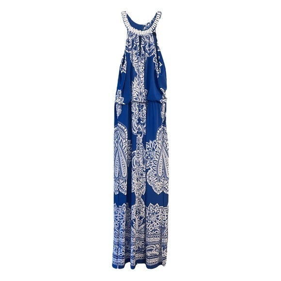 8 Dress Barn blue white long maxi beaded halter blouson dress slit elastic waist - Picture 1 of 6